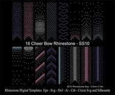 a black background with pink and blue dots on it, including the words 16 cheer bow rinestone - s10