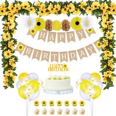 a happy birthday banner with sunflowers and cupcakes