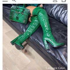 Like New Chic Green Heeled Boots For Winter, Chic Green High Heeled Boots, Elegant Green Round Toe Heeled Boots, Elegant Green Heeled Boots With Round Toe, Chic Green Heeled Boots With Round Toe, Chic Green Boots With Reinforced Heel, Chic Green Boots With Round Toe, Trendy Green Square Toe Boots, Luxury Green Formal Boots