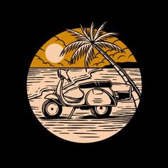 an image of a beach scene with a golf cart and palm tree in the background