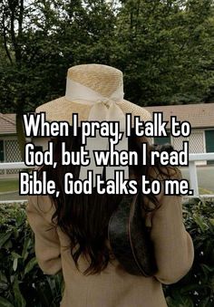 the back of a woman's head with text that reads when i pray, i talk