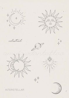 the sun, moon and stars are drawn in black ink on white paper with writing