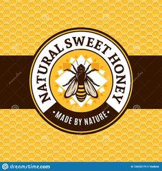 the natural sweet honey label with a bee on it royalty photo and royaltyvector