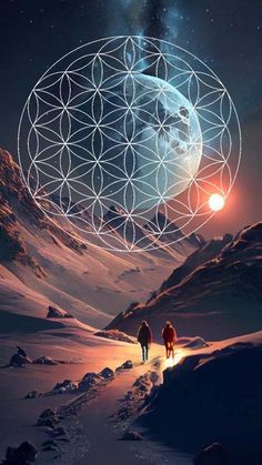 two people are walking in the snow with a flower of life symbol above them