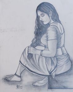 a pencil drawing of a woman sitting on the ground with her hands clasped to her knees