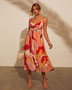 Pink Multi % Eudora Printed Tie Front Midi Dress-3 Unique Women, Satin Slip, Pink Midi Dress, Green Midi Dress, Prom Night, Swimsuit Cover Ups, Printed Ties, Floral Stripe, Swimsuit Cover