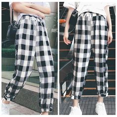 FREE SHIPPING Korean Style Mid Waist Straight Plaid Pants Outfit 2019 JKP1485 Casual Plaid Bottoms For Spring, Casual Plaid Pants For Fall, Casual Plaid Pants For Spring, Casual Plaid Bottoms With Elastic Waistband, Casual Plaid High-waisted Pants, Casual Plaid Long Pants, Casual Plaid Tapered Leg Pants, Casual High Waist Plaid Pants, Loose Pants Style