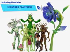 an animated group of people standing next to each other in front of a blue flower