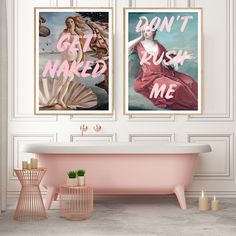 two posters on the wall above a pink bathtub