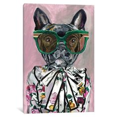 a painting of a dog wearing glasses and a dress with flowers on it's chest