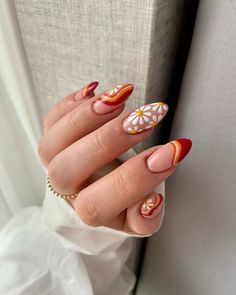 Almond Shaped Nails Designs Floral, Flower Nail Designs Almond Shape, New Nail Trends 2023 Summer, Almond Nails Designs For Fall, Mexico Inspired Nails Art Designs, 70s Floral Nails, French Inspired Nails, Retro Almond Nails, Yellow Almond Nails Design