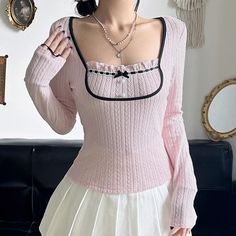 Please refer to our sizing chart for a guideline when choosing a size. 5 business days order processing time. 90% polyester 10% spandex Pink Long Sleeve Top Outfit, Pink Long Sleeve Shirt Outfit, Coquette Winter, Coquette Clothes, Full Sleeve Tshirt, Knitted Shirt, Pink Fits, Slim Fit Top, Girly Accessories