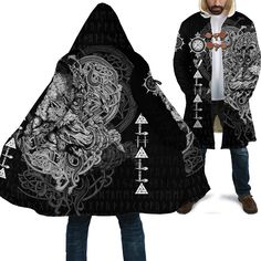 Viking Hooded Coat Warrior Valhalla Vegvisir Owl Symbol, Artist Custom, Hooded Cloak, Viking Warrior, Hooded Coat, Sherpa Lined, Professional Artist, Cloak, Sport Event