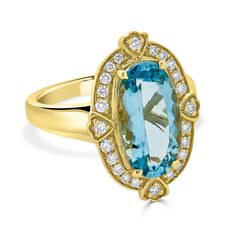 The marvelous hue of this radiant ring comes from the stunning oval cut Aquamarine, which is encircled by the shine of gorgeous round cut Diamonds. Designed with 14K yellow gold, its refined finish gives your ensemble a chic look. Product Information SKU J14281 Metal Type 14K Metal Color Yellow Gold Ring Style Fashion Primary Stone Gemstone Name Aquamarine Gemstone Species Beryl No. Of Gemstones 1 Gemstone Shape Oval Gemstone Weight 3.52 Gemstone Size 14.5x8 Origin Africa Secondary Stone Gemston Radiant Ring, Solitaire Rings, Aquamarine Ring, Aquamarine Rings, Aquamarine Gemstone, Ring Style, Yellow Gold Ring, Round Cut Diamond, Metal Color