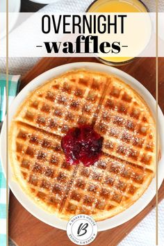 a waffle on a plate with syrup and butter in the background text overlay reads overnight waffles