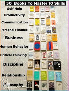 a poster with the words 50 books to master 10 skills for self help in front of it