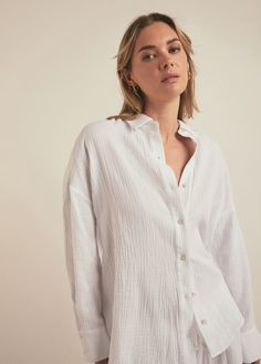 With a relaxed fit and pointed collar, the Ex-Boyfriend Shirt in White is an oversized button up cut from soft, lightweight cotton made from two layers of textured, fine gauze. Our favorite way to wear this shirt is, actually, any way–tied, tucked, half-tucked, and unbuttoned with the coordinating Slip It On Pant.100% Cotton Double GauzeMegan is 5'10" wearing size S. Gauzy White Button Down, Cotton Button-up Wrinkle-resistant Top, Unstructured Cotton Button-up Shirt, Cotton Wrinkle-resistant Button-up Dress Shirt, Double Gauze Top, Boyfriend Shirt, Ex Boyfriend, Instagram Blog, Button Up