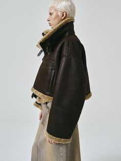 Editor's NotesThis oversized jacket features unique layered silhouette  and is made with faux leather suede shell and shearling trims. Buckle trims and adjustable strap detail at hem accentuate the warm and flexible mood. - Bio-washed suede fabric for vintage mood- Curly wool shearling trims - Snap buttons and zip fastenings- Antique gold buckle detail- Side welt pockets and inner patch pocketsMeasurements(in.)Size (36/38)- Length: 18.50 in / 19.02 in - Shoulder: 24.02 in / 24.76 Brown Shearling Outerwear With Padded Collar, Brown Shearling Outerwear With Faux Fur Trim, Oversized Jacket, Suede Fabric, Shearling Jacket, Mens Outerwear, Faux Fur Coat, Men Shoes Size, Welt Pockets