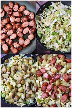 four pictures showing different types of food in various pans, including potatoes, cabbage and sausage