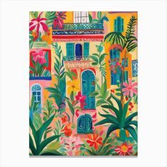 a painting of a house with flowers and plants