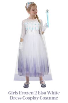 This Girls Frozen 2 Elsa White Dress Cosplay Costume is composed of dress, cape, crown, gloves, braids, magic wands. Well-made and cute design. Your girl will be beautiful when wearing this dress. It is a good gift for your kids. Buy it now! Elsa White Dress, Frozen 2 Elsa Dress, Toddler White Dress, Princess Fancy Dress, Frozen 2 Elsa, Blue Colour Dress, Costume For Kids