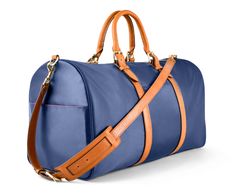 Monaco Weekender - Navy and Tan Classic Weekender Bag With Luggage Sleeve For Travel, Classic Weekender Bag With Large Capacity For Trips, Classic Large Capacity Weekender Bag For Trips, Classic Travel Bag With Luggage Sleeve For Overnight Trips, Classic Weekender Bag With Leather Handles For Travel, Nylon Weekender Bag For Overnight Trips, Luxury Travel Accessories For Weekend Trips With Large Capacity, Blue Travel Bag With Adjustable Strap For Overnight Trips, Luxury Luggage With Adjustable Strap For Trip