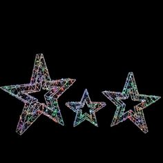 three shiny stars on a black background with multicolored lights in the shape of stars