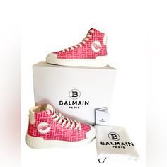 New In Box Authentic Balmain X Barbie Pink Sneakers. Us Size 10 Eu 40 Come With Box And Dust Bag. Pink High-top Sneakers With Logo Print, Pink Leather Sneakers With Logo Print, Luxury Pink Lace-up Custom Sneakers, Designer Custom Sneakers With White Sole, Designer High-top Custom Sneakers Medium Fit, Designer High-top Custom Sneakers With Branded Heel, Designer High-top Custom Sneakers, Balmain Shoes, Pink High Tops