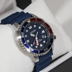 Citizen Eco Drive Promaster Dive Blue Red Bezel Stainless Steel Men's Watch BN0168-06L Blue Diving Chronograph Watches, Blue Diving Watch With Chronograph, Blue Chronograph Diving Watches, Blue Diving Watch With Round Dial, Citizen Eco Drive, Citizen Eco, Authentic Watches, Eco Drive, Minerals Crystals