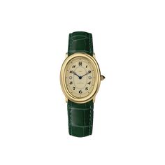 This vintage-inspired timepiece features a creamy latte dial with graceful numerals, mysterious deep blue hands, and an elegant textured strap. The golden steel case beautifully complements the deep green strap, showcasing timeless elegance that withstands the test of time. Case: 24mm steel case with polished and satin Classic Yellow Gold Oval Watch, Classic Oval Yellow Gold Watch, Oval Quartz Watch For Formal Occasions, Elegant Oval Watches For Evening, Diamond Watch, Crystal Bracelet, Lush Green, The Deep, Deep Green