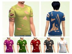 four different colored shirts with designs on them, all in different colors and sizes are shown