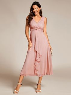 Perfect for any special event, this sleeveless V-neck wedding guest dress is crafted from sparkling fabric and features delicate ruffle details at the hem. Dusty Rose Wedding Dress, Wedding Caligraphy, Sparkling Fabric, Midi Wedding Guest Dress, Asymetrical Dress, Wedding Welcome Gifts, Plus Wedding Dresses, Bags Ideas, Dusty Rose Wedding