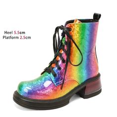 Rainbow Leather Female Boots 🌈 – Bold, vibrant, and unapologetically you. Step out in style with these colorful boots, perfect for making a statement and celebrating pride with every stride! Upper Material - PU Heel Height - (5cm-8cm) Platform - 2.5CM Size Chart: Shipping info Processing time: 3 to 5 days Estimated delivery time: 5 to 12 days Trendy High Heel Martin Boots For Streetwear, Spring Streetwear Ankle Boots, Trendy Ankle-high Boots For Streetwear, Spring Streetwear Boots With Reinforced Heel, Trendy Lace-up Mid-calf Boots For Streetwear, Trendy Mid-calf Boots With Reinforced Heel, Trendy High-top Lace-up Boots For Spring, Multicolor Lace-up Boots With Round Toe For Fall, Trendy Lace-up Mid-calf Boots For Spring