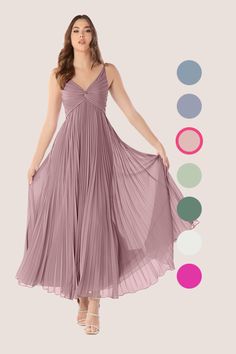 Flutter away in Raychelle, our ankle length chiffon dress. She features a flattering V-neckline with a pleated twist front. Her flowy sunburst pleated skirt is perfect to spin and dance the night away. Bridesmaid Dresses Ankle Length, Chiffon Bridesmaid Dresses, Dusty Rose Dress, Azazie Bridesmaid Dresses, Guest Attire, Ankle Length Dress, Wedding Attire Guest, Dress Dusty, Chiffon Bridesmaid