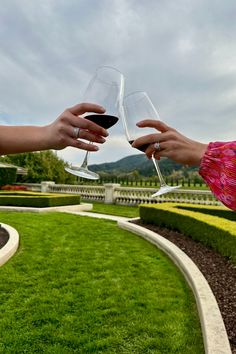 two people are toasting with wine glasses in front of a formal garden and lawn