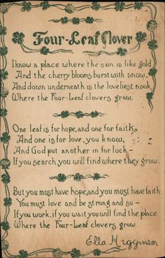 a poem written in green ink on an old parchment paper with shamrocks and flowers