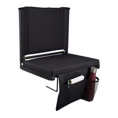 a black folding chair with two pockets on the back