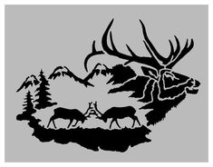 a deer and two elk in front of mountains with trees on the side, black and white