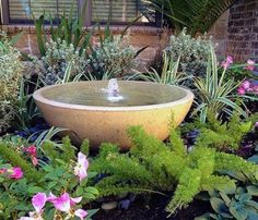 a water fountain surrounded by plants and flowers