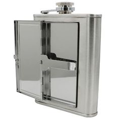 a stainless steel flask case with an open door on the front and side sides