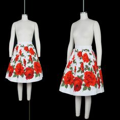 "vintage rose novelty print skirt pleated high waist cut large red blooms w. green accents against white side snap closure incredible piece of wearable art circa 1950s condition: good - light wear + view below issues to note: + a few faint marks presents very well & doesn't distract from overall impact would best fit an approx. size : extra small / small compare flat measurements to ensure proper fit ! waist: 12.5\" - 13\" hips: 20\" length: 24.5\" + skirt is pictured with crinoline + feel f Rose Print Skirt, Side Snap, Skirt Pleated, Skirt Floral, Green Accents, Vintage Rose, Novelty Print, Print Skirt, Vintage Roses