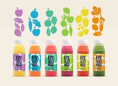 six bottles of juice with different colors and designs on the side, all in front of each other