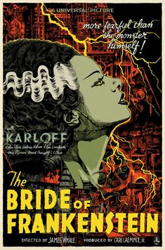 a poster for the bride of frankensten, featuring a woman with curly hair