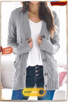 Button Cable Knit Cardigan Cardigan Outfit Plus Size, Grey Cardigan Outfit, Slouchy Cardigan, Outfit Plus Size, Cardigan Outfit, Pullover Mode, Pocket Sweater, Loose Cardigan, Gilet Long