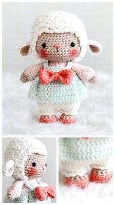 two pictures of a stuffed sheep wearing a dress and bow tie, one is crocheted