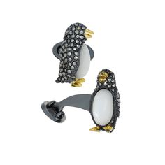 A Penguin Suit with Flair While these gemstone and gold accented penguin cuff links are great with any suit, we think they're just fantastic with a black tie tuxedo. The detail work on these cuff links truly separates them from the flock. Crafted in 925 sterling silver with black rhodium finish Feature 18Kt gold plate accents Body accents created with marcasite pave Penguin belly created with genuine Mother-of-Pearl Matching tuxedo studs available THIS ITEM SHIPS 2022 Penguin Suit, Black Tie Tuxedo, Tuxedo Studs, Sterling Silver Cufflinks, Silver Cufflinks, Black Rhodium, Cuff Links, Black Tie, Gold Accents