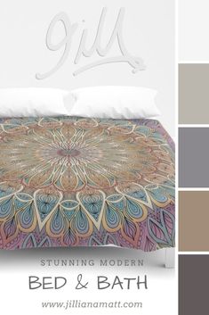 an image of a bed and bath with color swatches