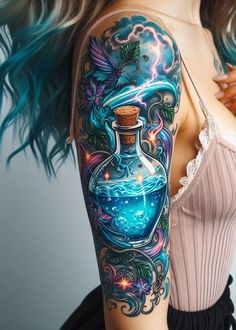 a woman's arm with tattoos on it and an image of a bottle filled with liquid