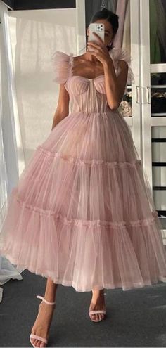 Simple Evening Gown, Pink Tulle Prom Dress, Tea Length Prom Dress, Tea Length Tulle, Dresses Graduation, Cheap Prom Dresses Long, A Line Prom Dress, Spaghetti Strap Prom Dress, Short A