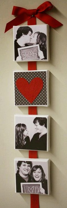 three valentine's day cards hanging on a wall with a red ribbon tied around them